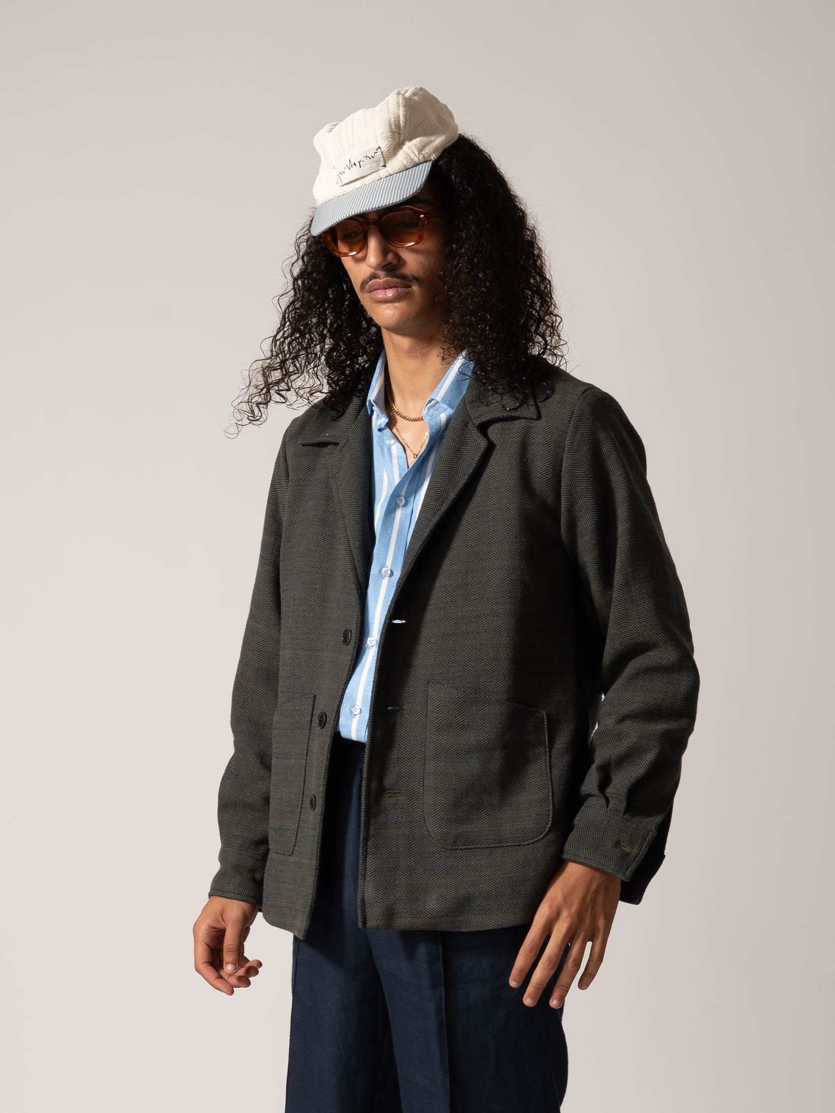 MODELWEARINGOVEaRSHIRT-GREENANDBLUE-100_COTTON-HERRINGBONE